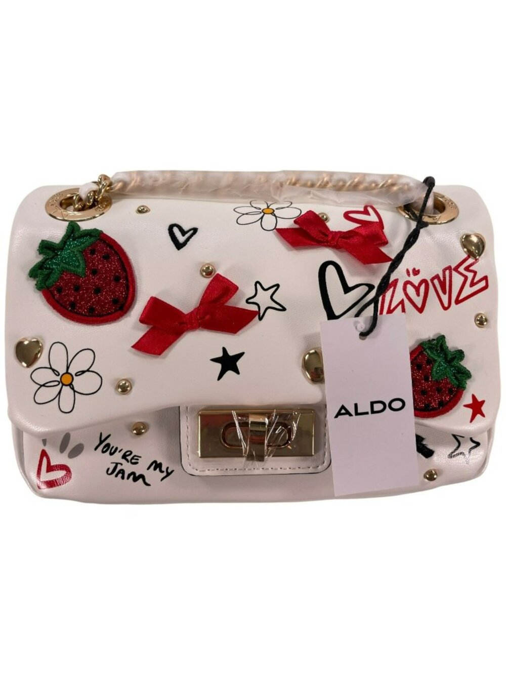 Aldo LoveBag Purse Lovelife Mini White Shoulder Gold Chain Strap Strawberry NEW